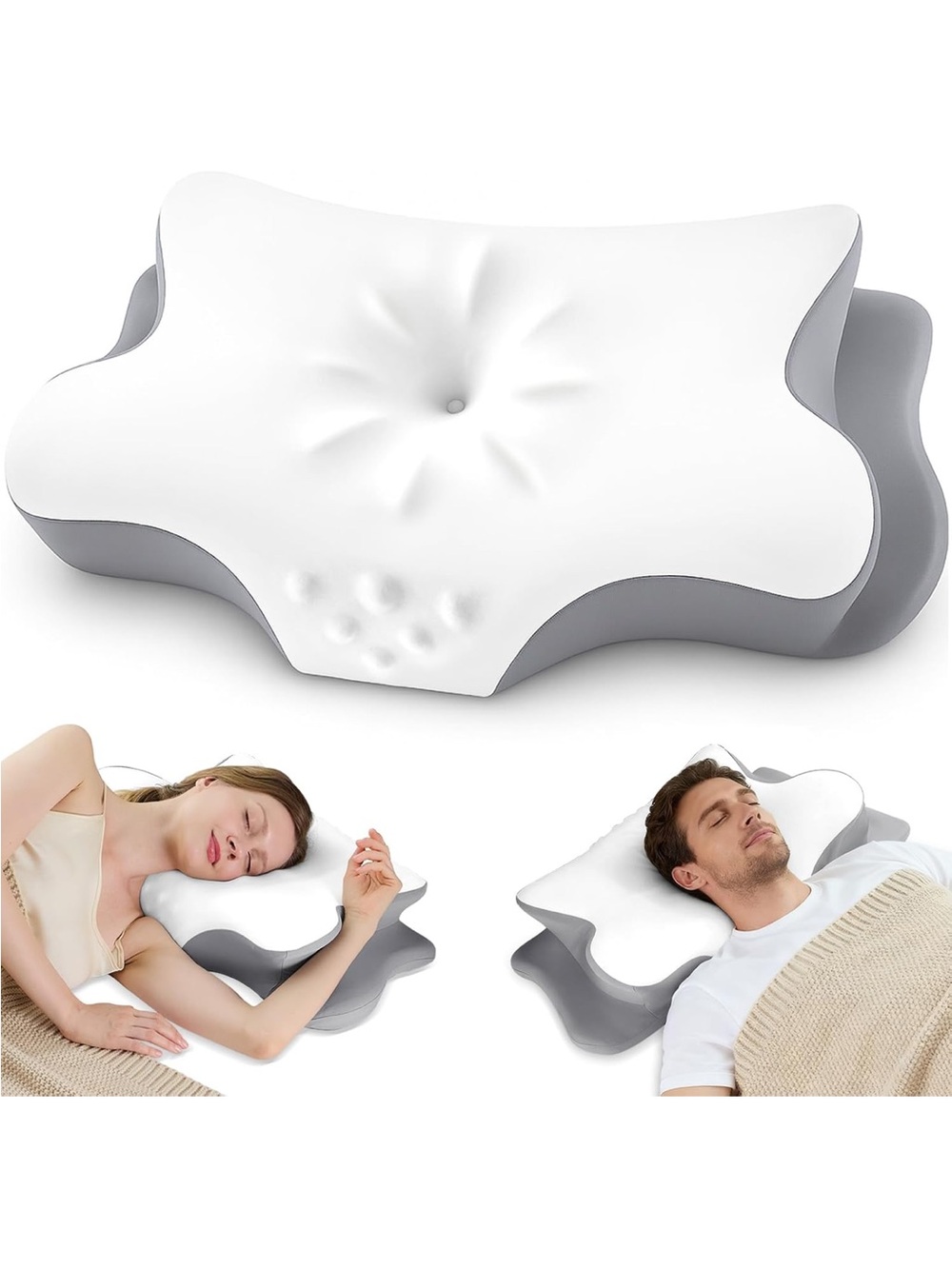 Contour Memory Foam Pillow in White and Gray - Ergonomic Support 060
